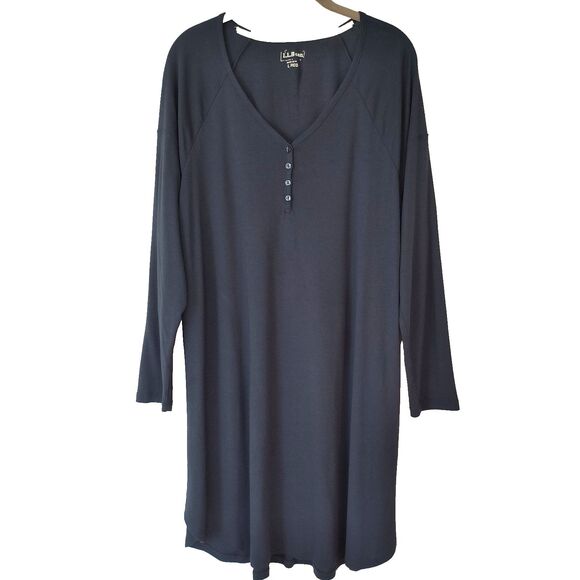 LL Bean Nightgown Large Navy Blue Supima Cotton/Modal Henley Sleepshirt Lounge - Picture 1 of 13